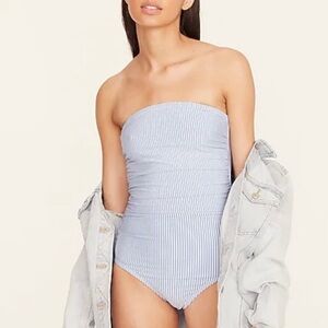 J.Crew Long-Torso Ruched bandeau one-piece in seersucker